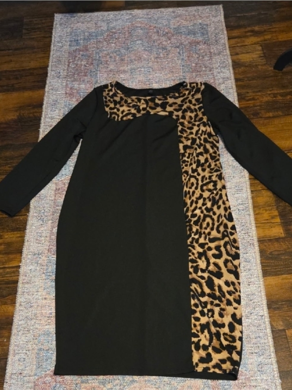 Black Long-Sleeve Shift Dress with Leopard Panel